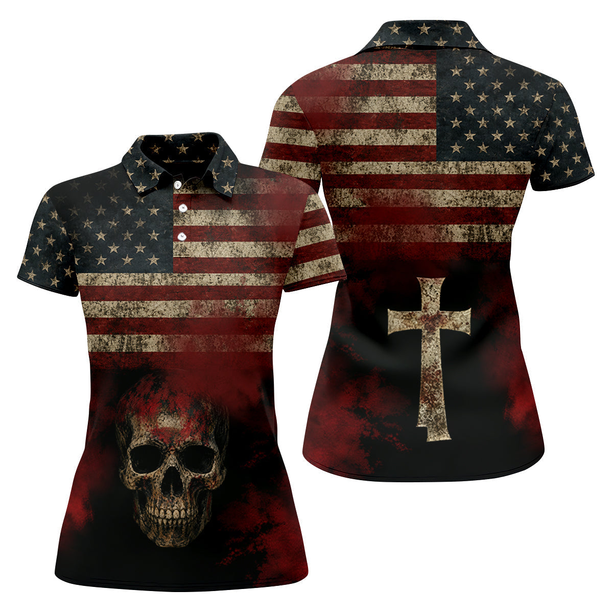 Cool Skull Faith Cross Distressed US Flag 4th Of July Golf Shirt, 250 Years Golf Shirt For Women