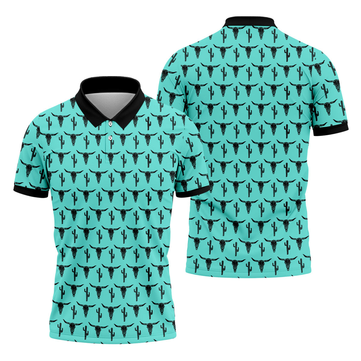 Longhorn Cow Skull Western Theme Peacock Blue Golf Tops For Men, Polo ShirtFor Men, Golf Shirts For Men