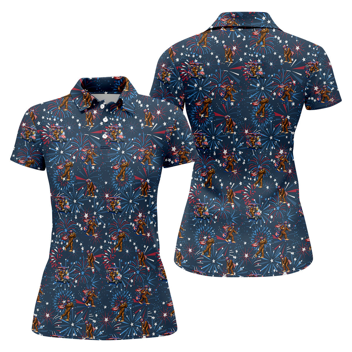 Funny Bigfoot Golf Pose Festive Vibe Navy 4th Of July Women Golf Top, 250th Anniversary Patriotic Golf Shirt