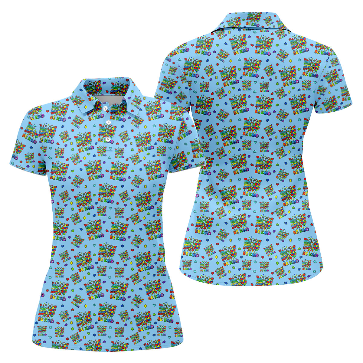 In A World Where You Can Be Anything Be Kind Rainbow Butterfly Autism Awareness Blue Golf Shirt, Women's Golf Tops