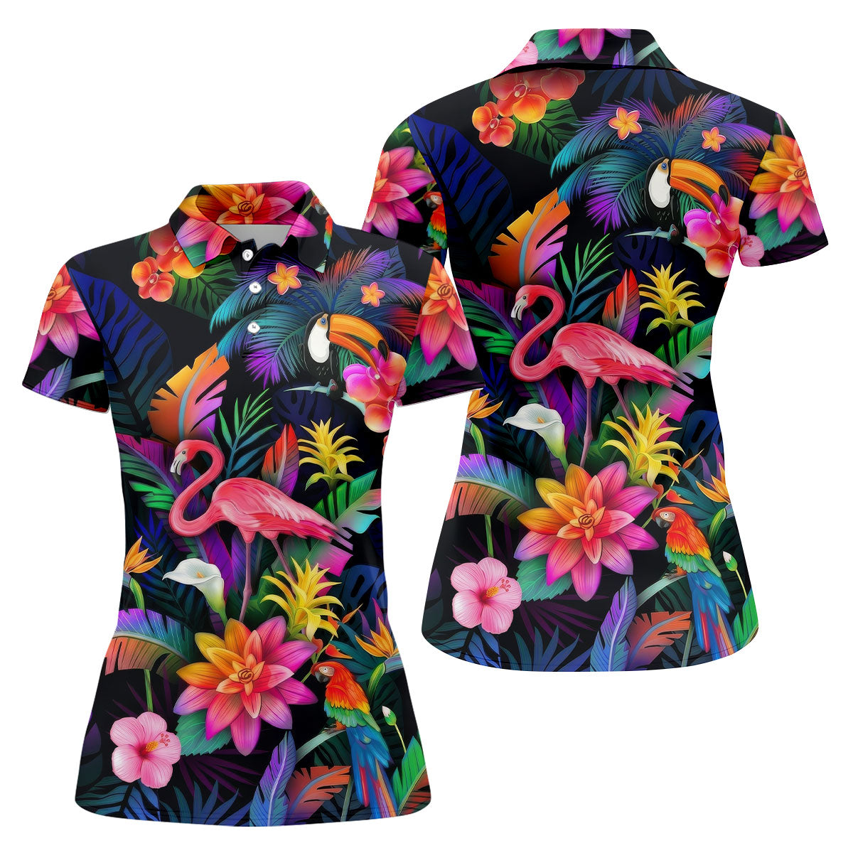 Colorful Tropical Birds And Flamingo Golf Shirt, Golf Polo For Women, Printed Golf Shirt