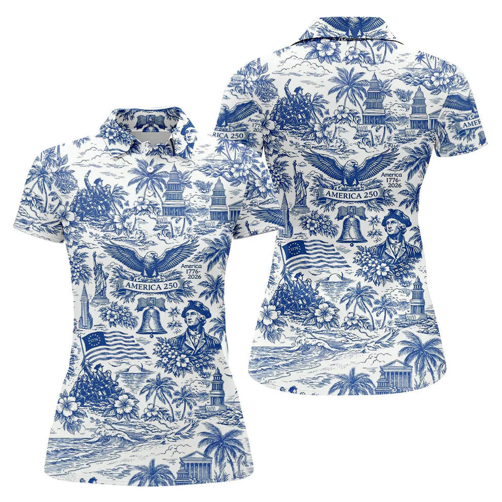 250 Years Of America Tropical Vibe Vintage Golf Polo ShirtPatriotic 4th Of July Golf Shirt For Women