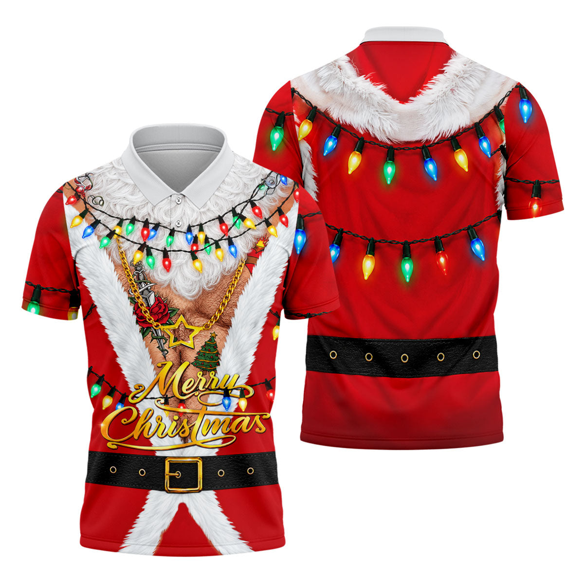 Merry Christmas Santa Lights Gold Chain Polo Shirt, Mens Golf Polo, Golf Shirts For Men