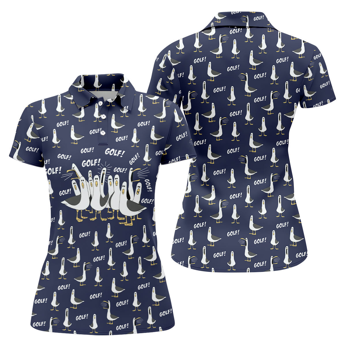 Funny Seagull Halloween Golf Shirt, Cartoon Bird Pattern, Women's Golf Apparel, Printed Golf Shirt