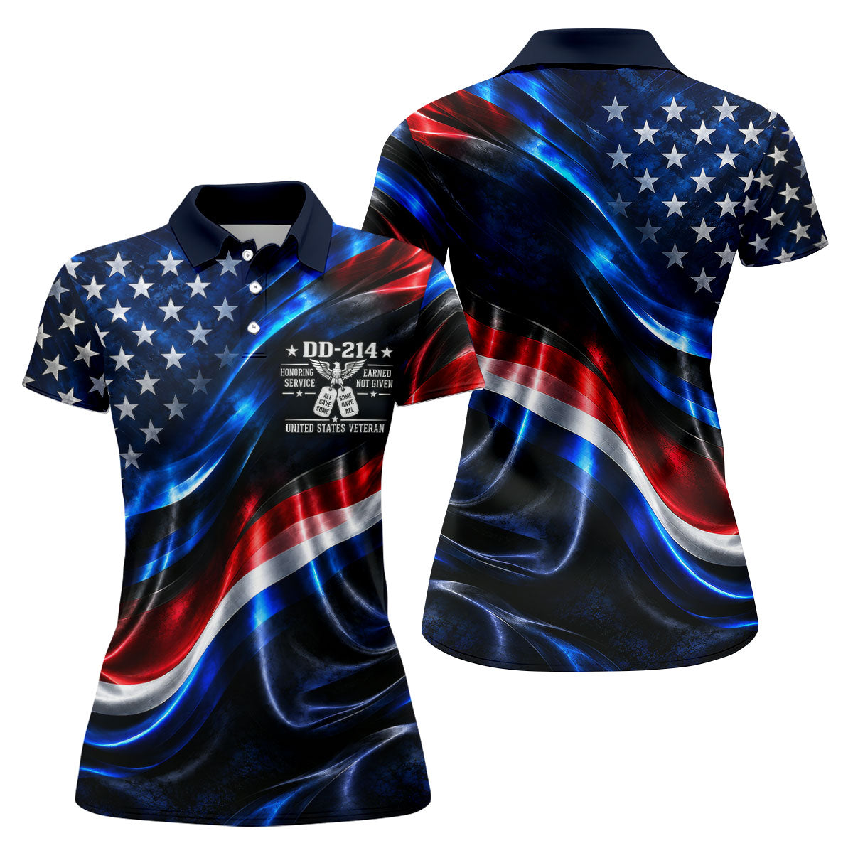 DD-214 Metallic USA Flag Golf Polo Shirt, Veterans Day Shirt, Golf Tops For Women