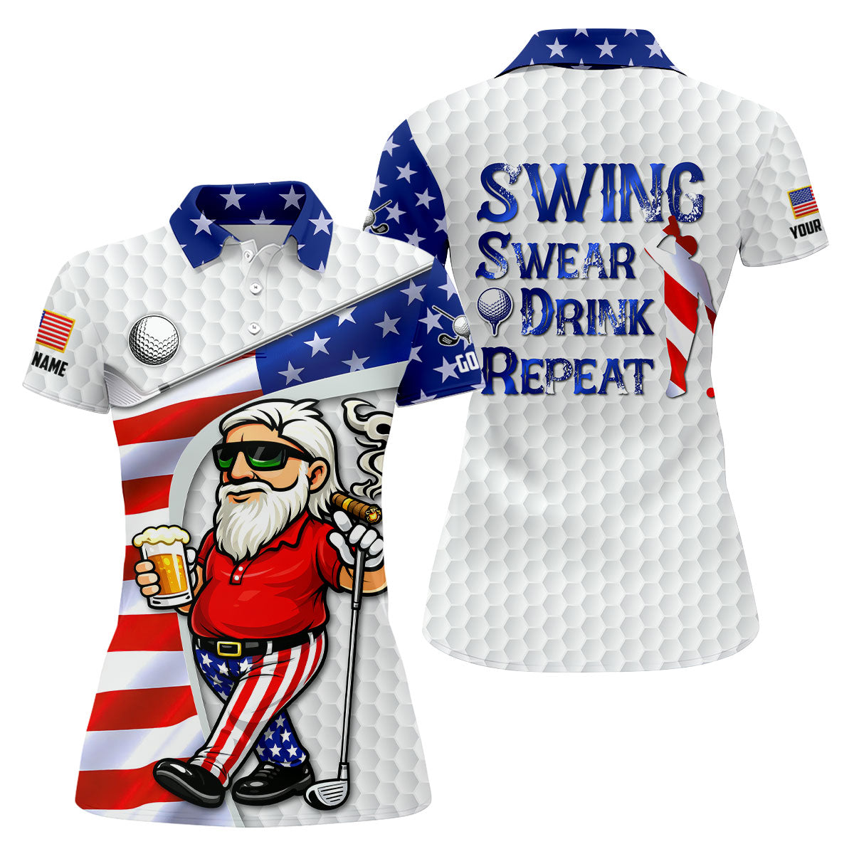 Swing Swear Drink Repeat Golf And Beer Patriotic Man 4th Of July White Golf Shirt, 250 Years Women's Golf Tops