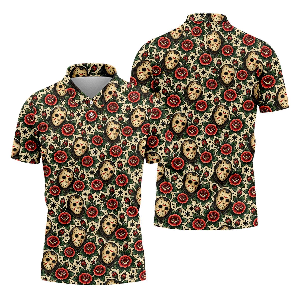 Rose Mask Halloween Horror Character Polo Shirt, Mens Golf Polo, Mens Golf Apparel
