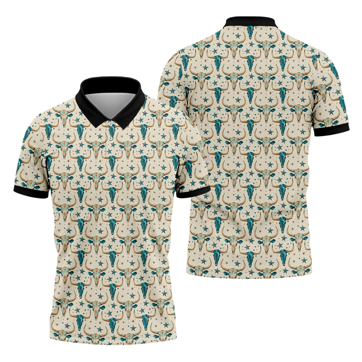 Cow Skulls Turquoise And Beige Western Theme Golf Tops For Men, Polo ShirtFor Men, Golf Shirts For Men