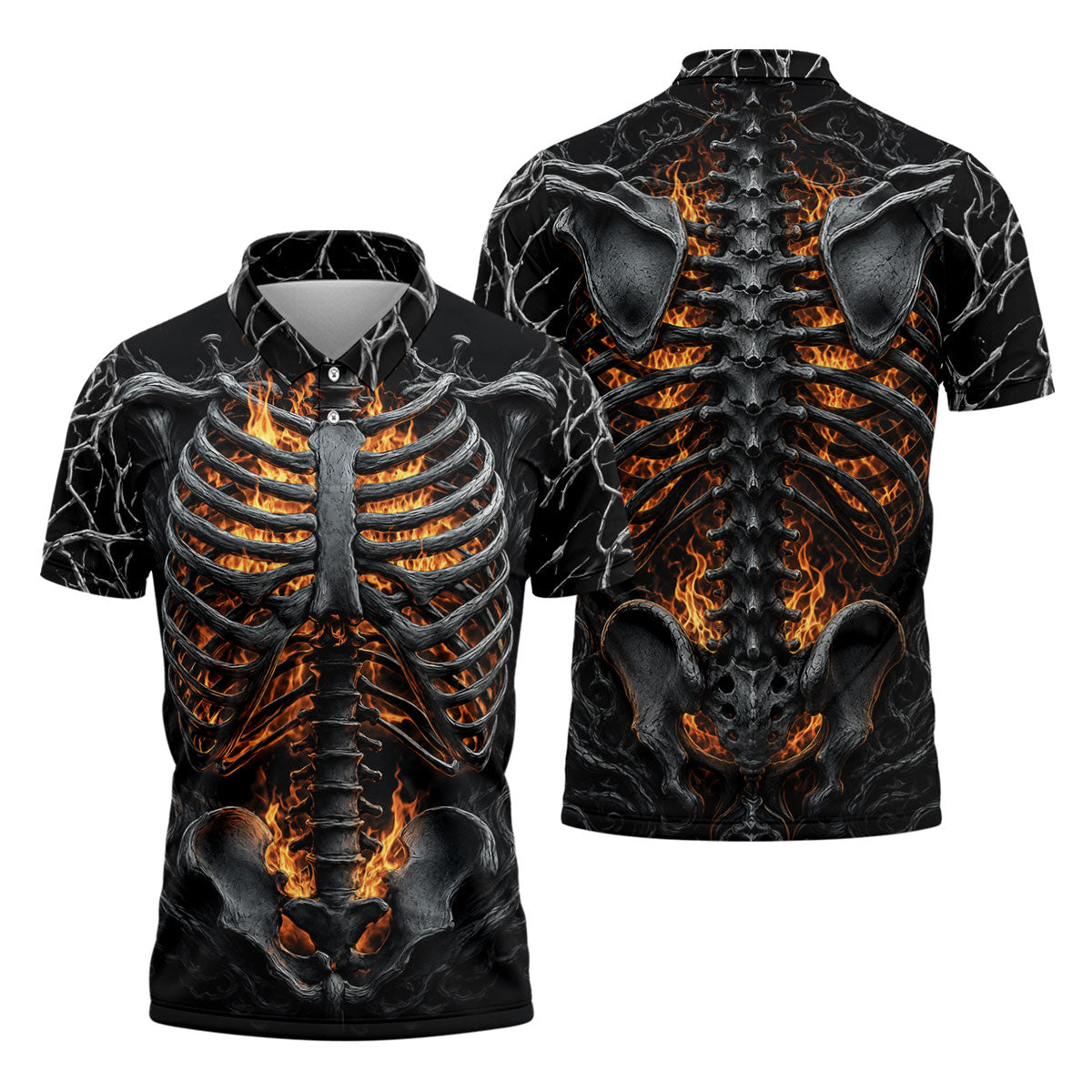 Halloween Fire Skeleton Horror Character Polo Shirt, Mens Golf Polo, Mens Golf Shirts