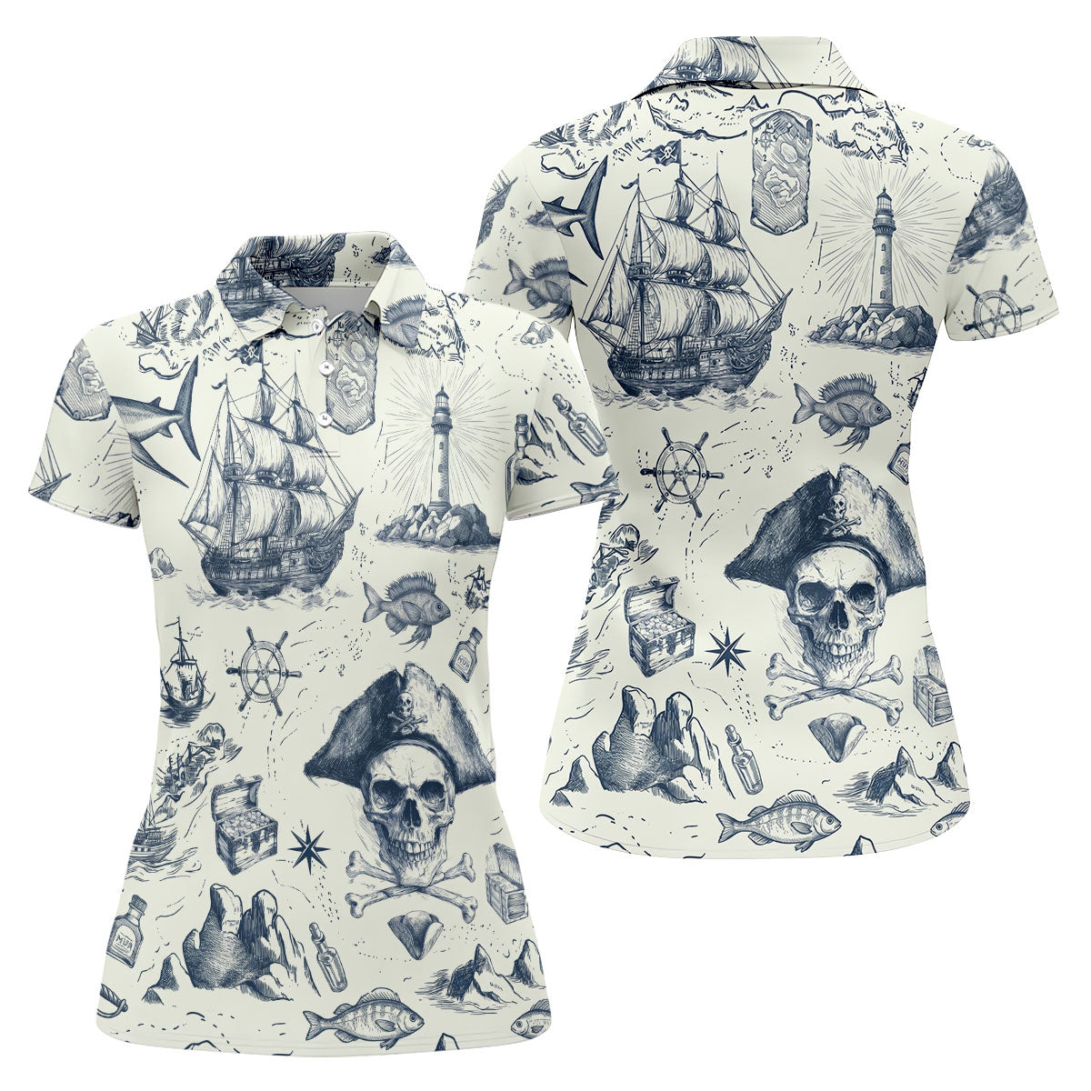 Ivory Vintage Pirate Map Pattern Golf Shirt, Women's Golf Shirt, Hawaiian Golf Shirt, Golf Polo For Women
