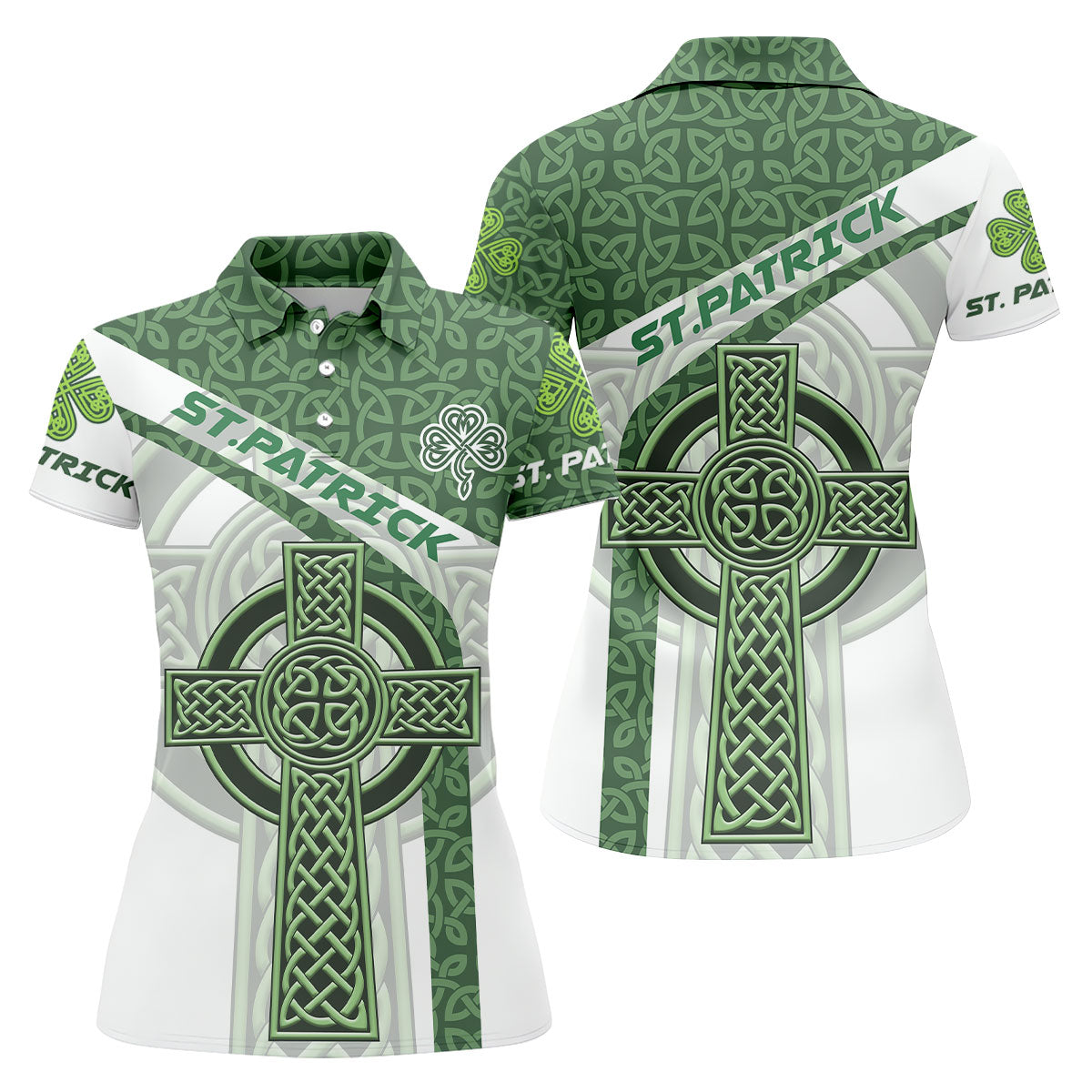 St Patrick's Day Celtic Knotwork Pattern Shamrock Golf Shirt, Women's Golf Tops, Ladies Golf Polos