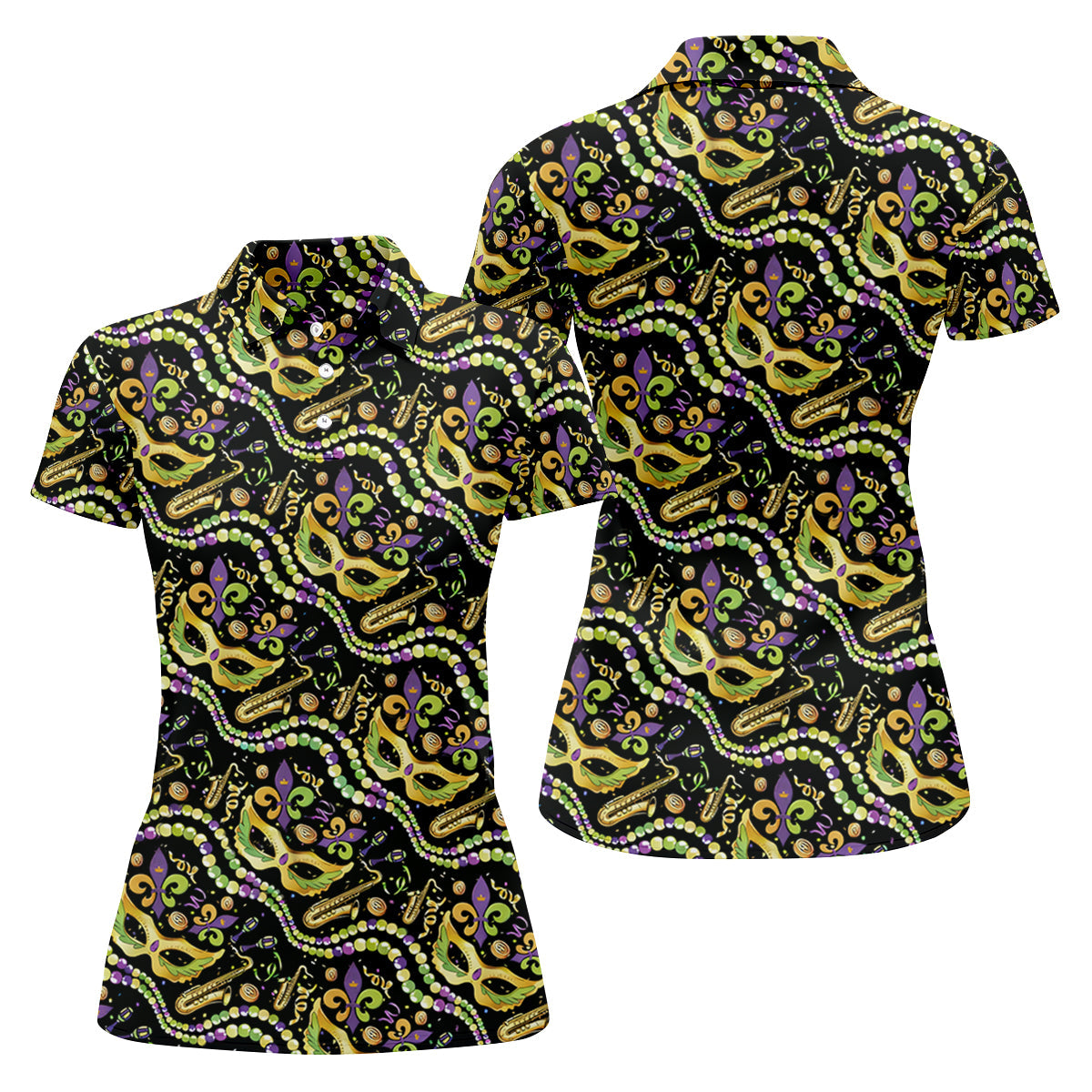 Gold Masquerade Mask Beads String Mardi Gras Golf Shirt, Ladies Golf Tops, Golf Shirt For Women