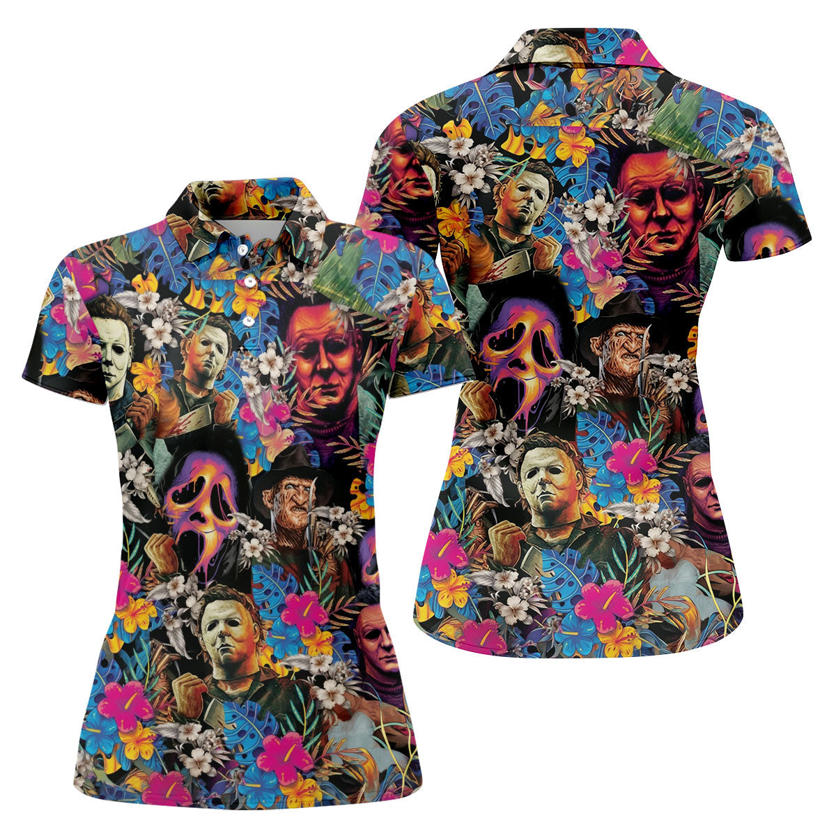 Tropical Horror Character Hawaiian Golf Shirt, Women's Golf Polo, Halloween Golf Apparel
