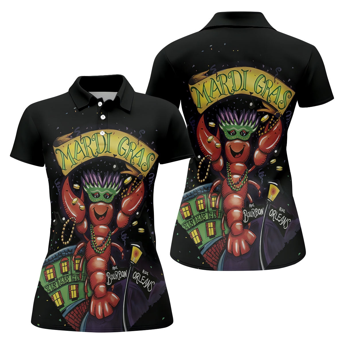 Mardi Gras Crawfish Rue Bourbon Black Golf Shirt, Women's Golf Tops, Ladies Golf Shirt