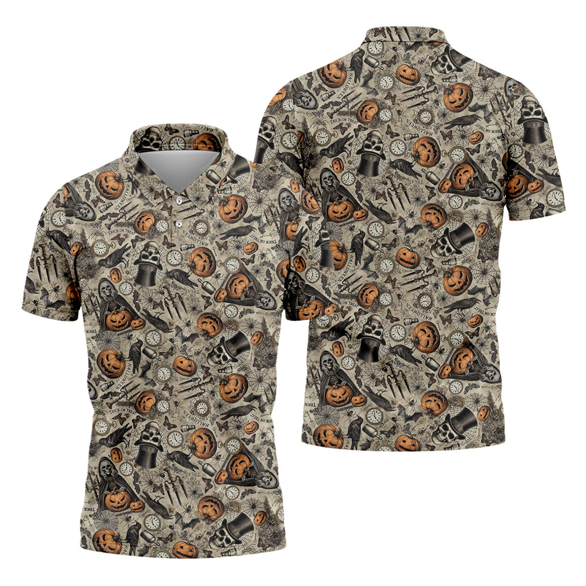 Vintage Pumpkin Skull Halloween Golf Shirt, Golf Shirts For Men, Golf Apparel For Men
