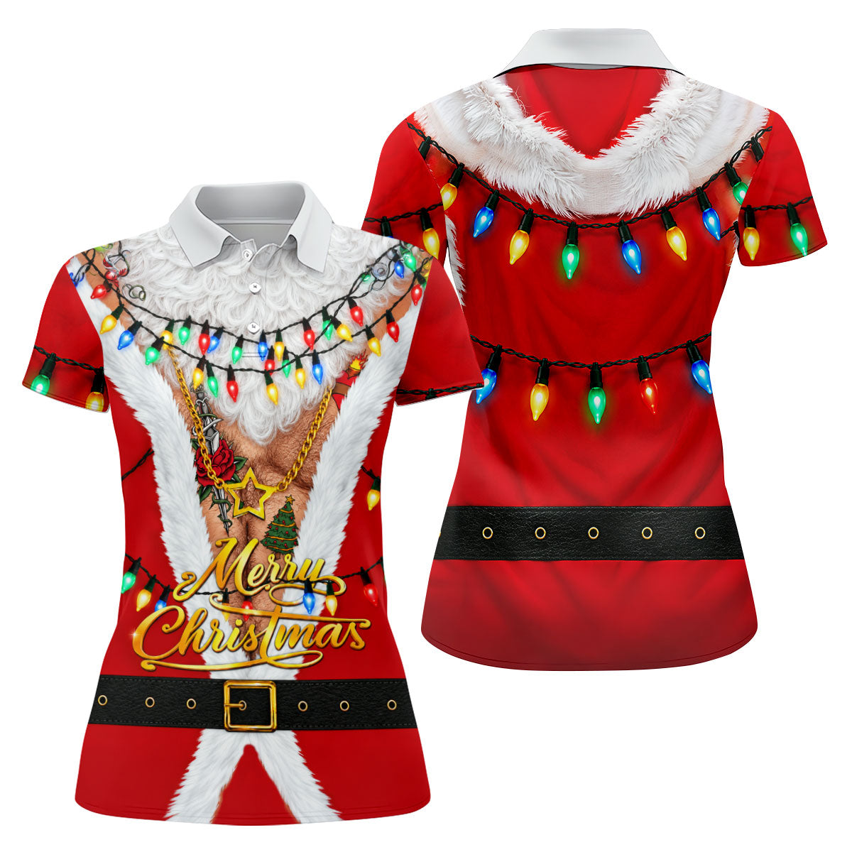 Merry Christmas Santa Lights Gold Chain Polo Shirt, Women’s Golf Polo, Golf Tops For Women