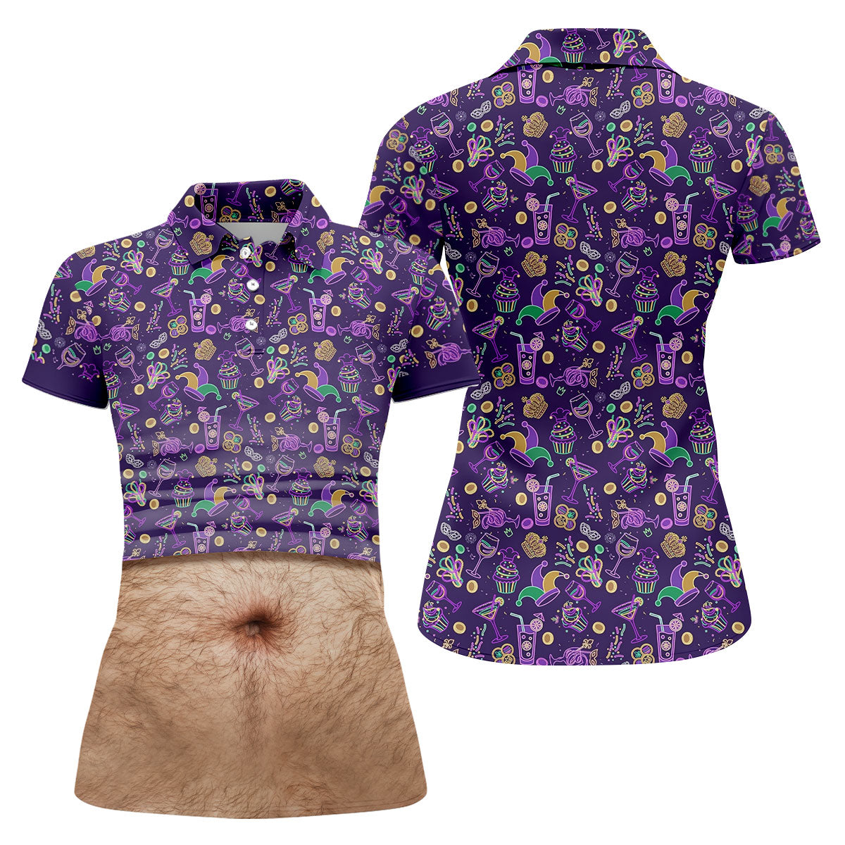 Purple Green Gold Mardi Gras Food Funny Tummy Women's Golf Tops, Fun Women's Golf Shirts, Ladies Golf Shirt