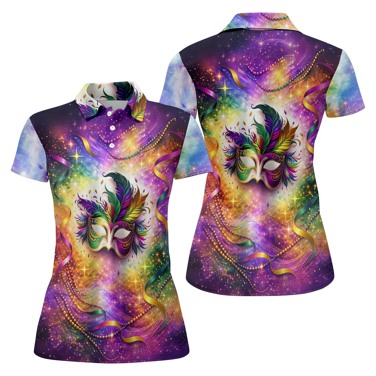 Carnival Mask Feather Print Purple Green Gold Dazzling Effect Mardi Gras Women's Golf Tops, Ladies Golf Shirts