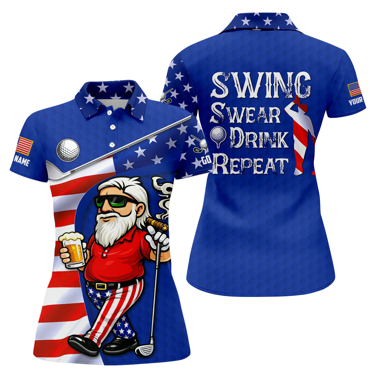 Swing Swear Drink Repeat Golf And Beer Patriotic Man 4th Of July Navy Golf Shirt, 250 Years Women's Golf Tops