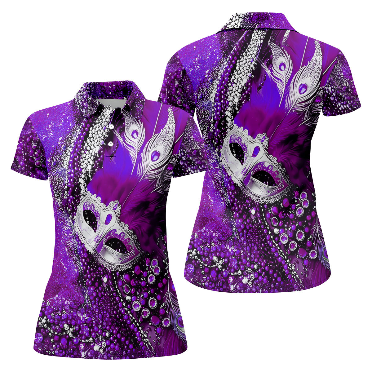 Mardi Gras Masquerade Mask Feather Beads Purple Golf Shirt, Women's Golf Tops, Ladies Golf Polos