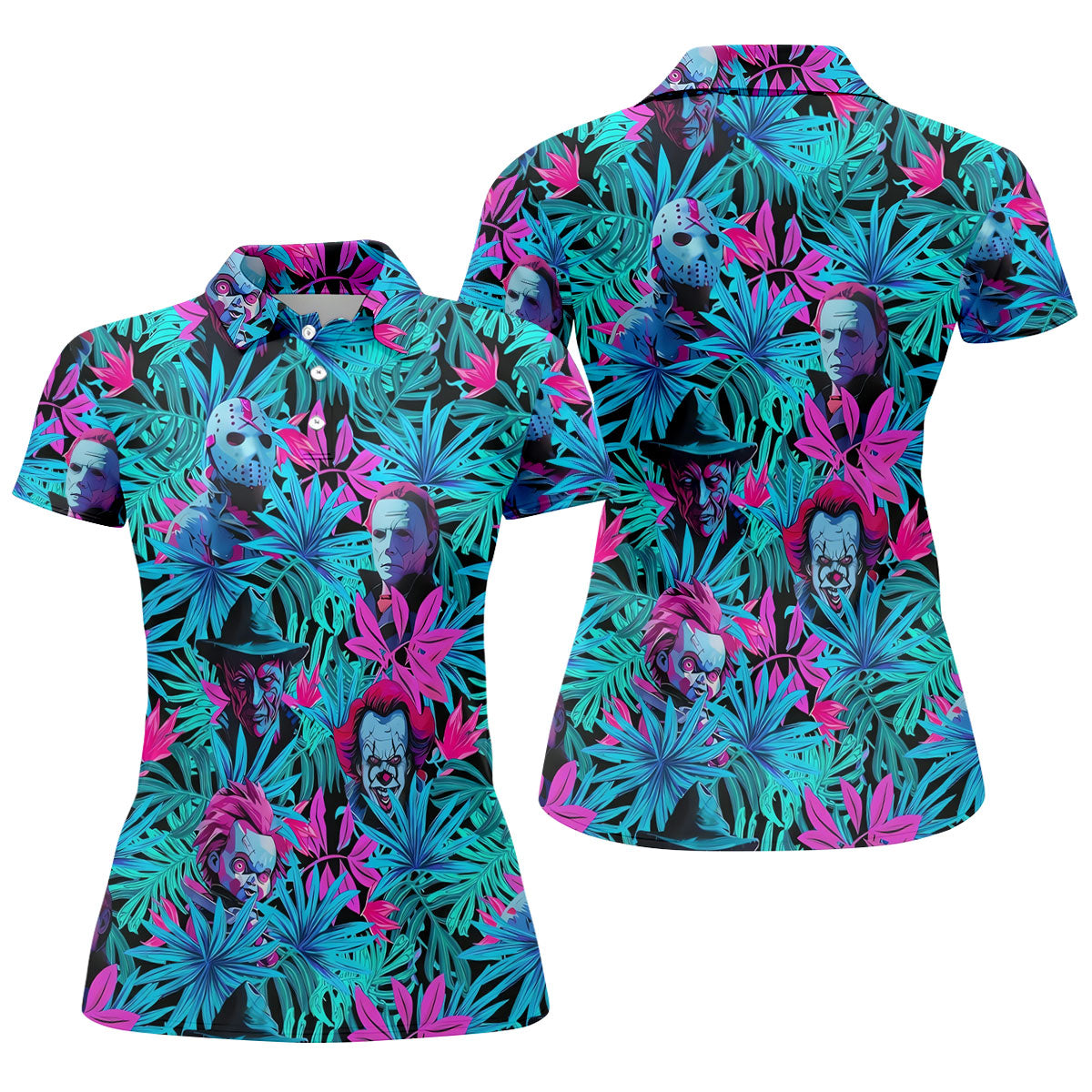 Neon Halloween Horror Character Hawaiian Golf Shirt, Women's Golf Polo, Printed Golf Shirt