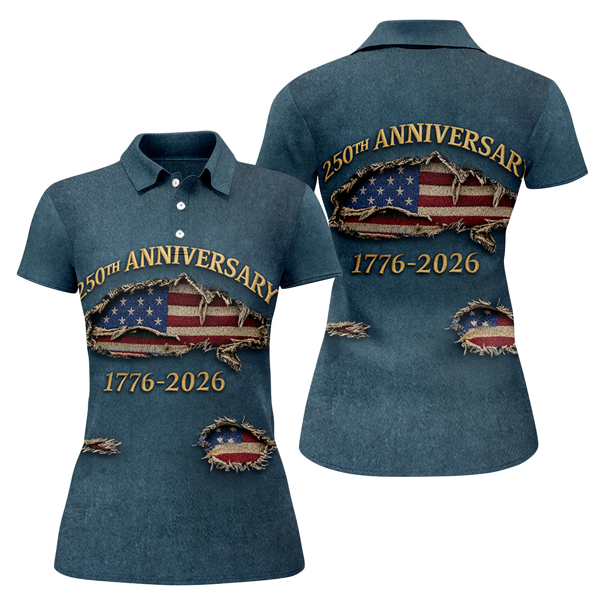 Patriotic American Flag 250th Anniversary Blue Denim Color Ripped Effect Women's Golf Tops, Ladies Golf Shirts