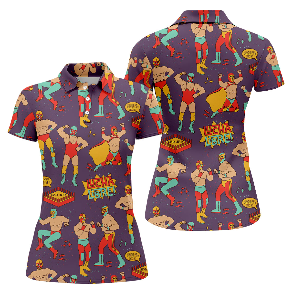 Purple Lucha Libre Mexican Wrestler Pattern Golf Shirt, Women’s Golf Polo, Ladies Golf Top
