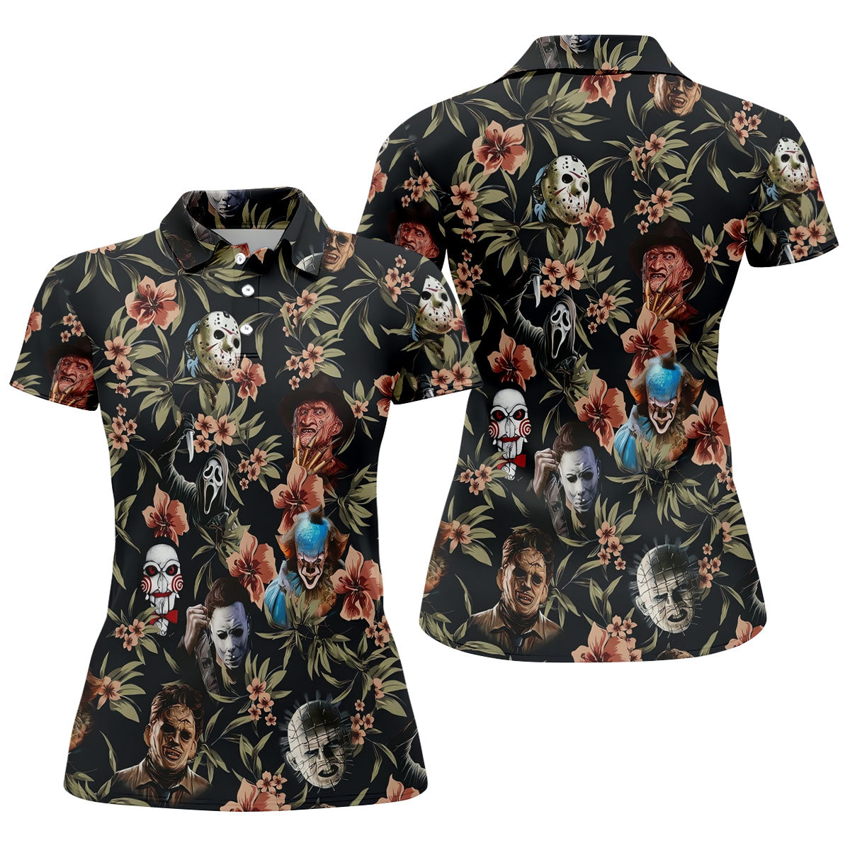 Dark Floral Horror Character Halloween Golf Shirt, Women’s Golf Polo, Printed Golf Shirt