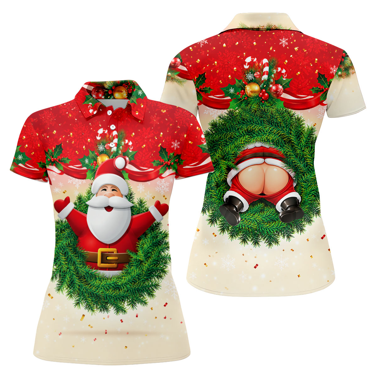 Festive Christmas Santa Wreath Golf Polo Shirt, Women’s Golf Polo, Golf Tops For Women