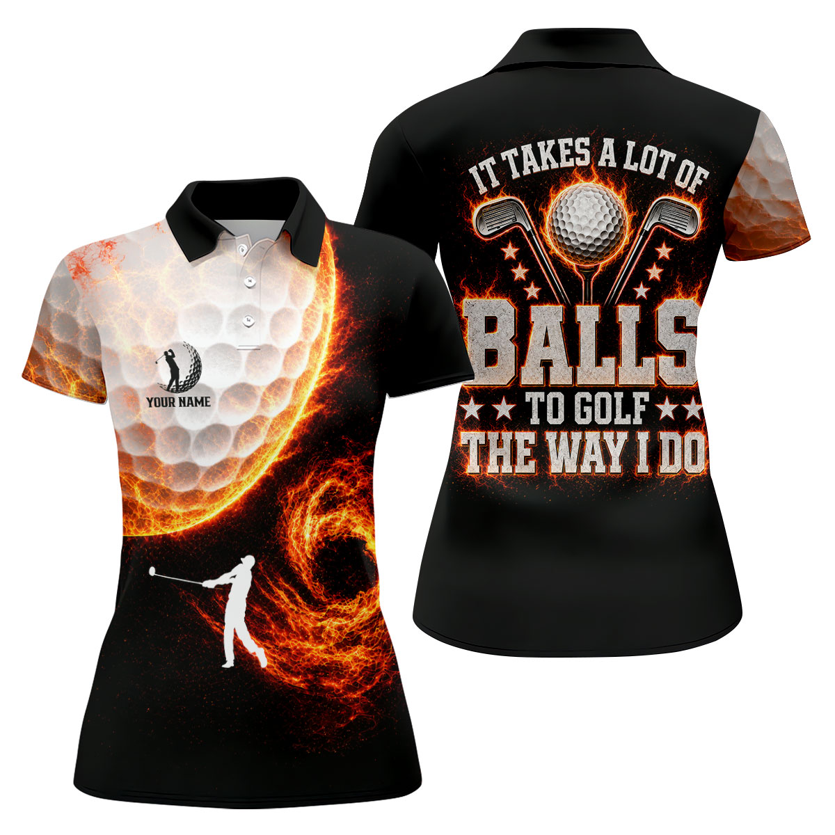 Custom Your Name Fire Golf Ball Polo Shirt, Golf Tops For Women, Women's Golf Apparel