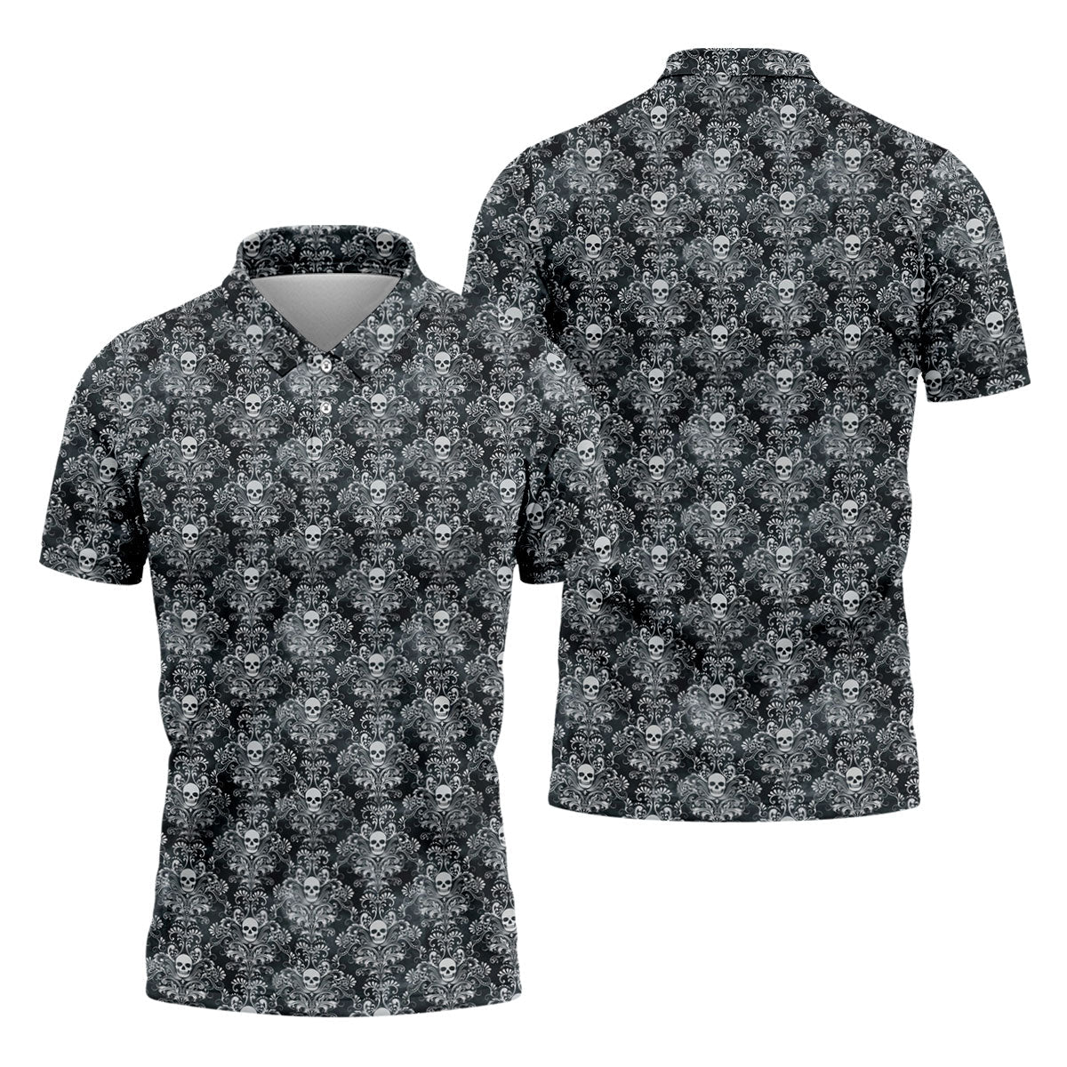 Skull Damask Charcoal Grey Gothic Floral Golf Tops For Men, Polo ShirtFor Men, Golf Shirts For Men