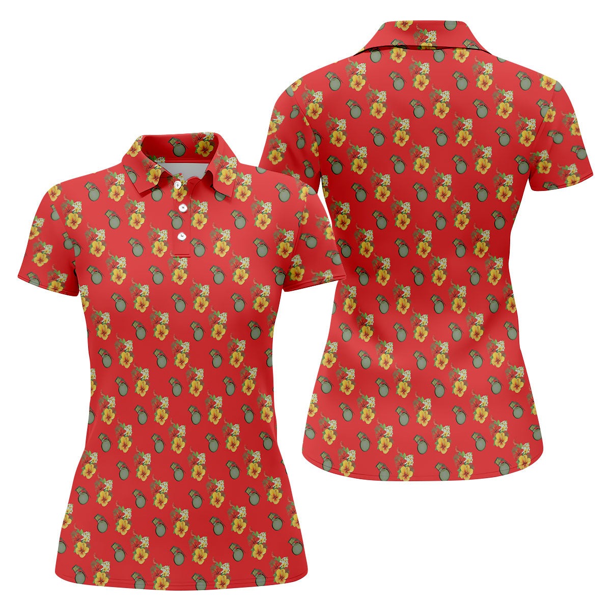 Hibiscus Flowers Green Grenades Seamless Pattern Red Golf Shirt, Women's Golf Tops, Ladies Golf Shirt
