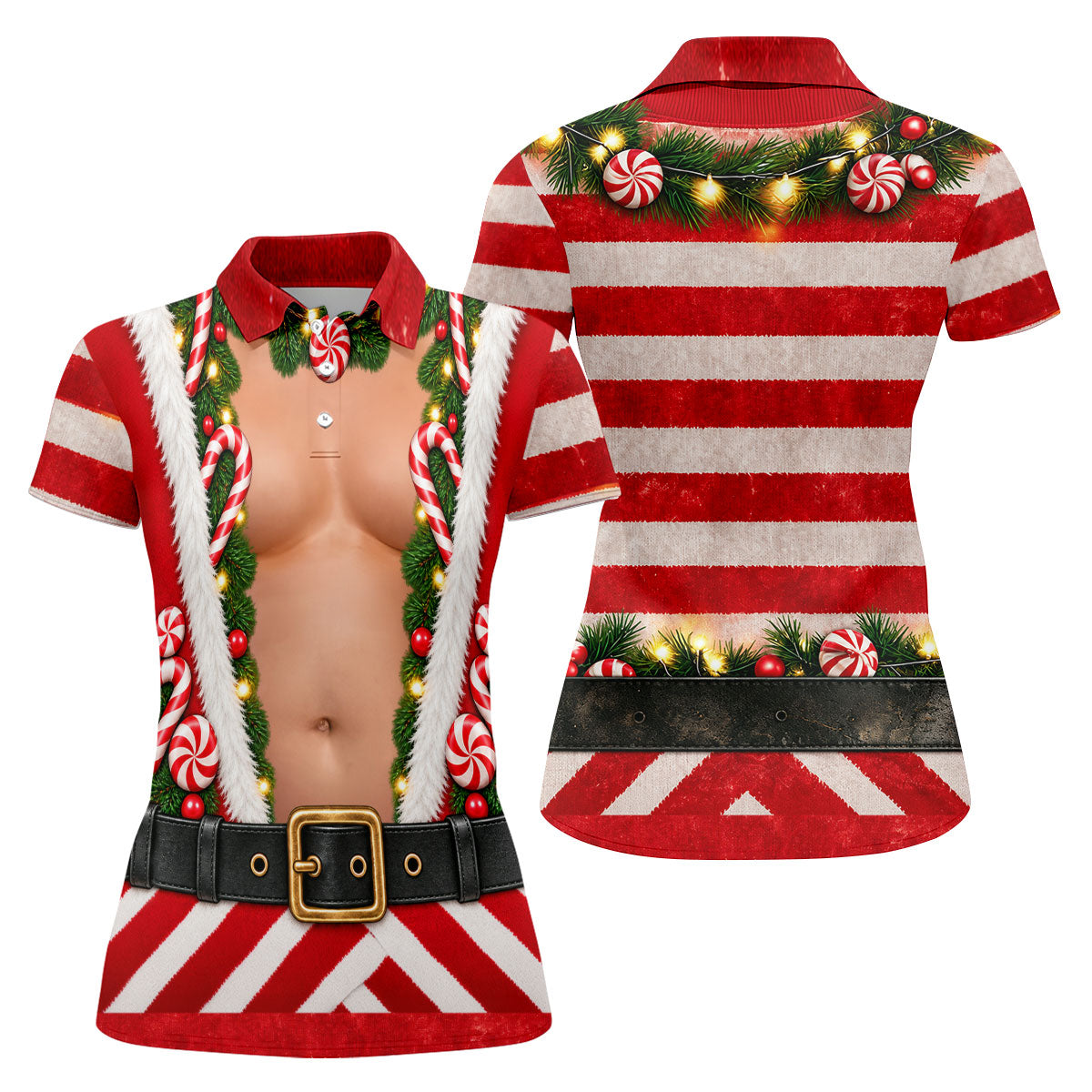 Christmas Candy Cane Santa Suit Polo Shirt, Ladies Golf Top, Women’s Golf Apparel