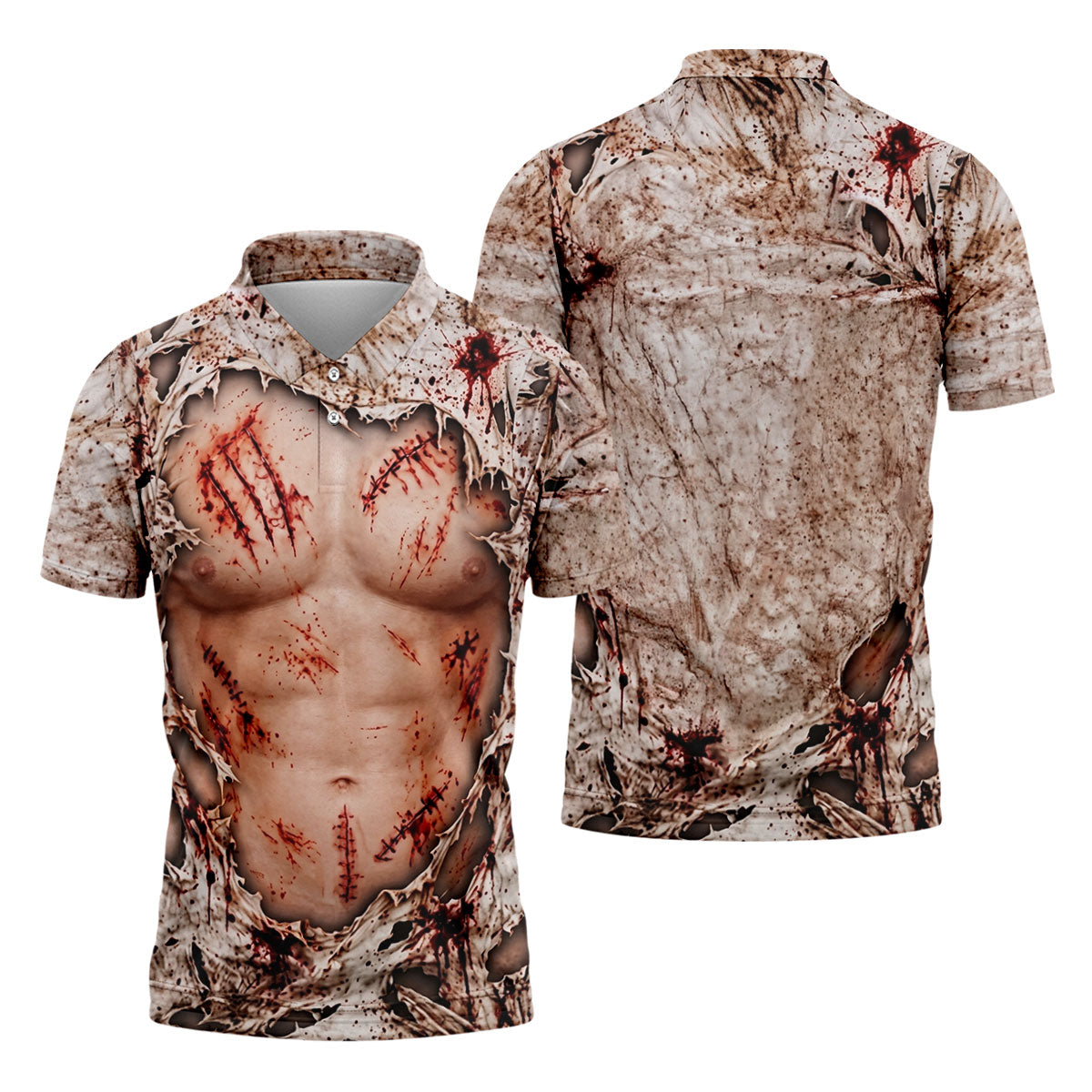 Bloody Stitched Torso Halloween Costume Polo Shirt, Mens Golf Shirts, Halloween Golf Shirt