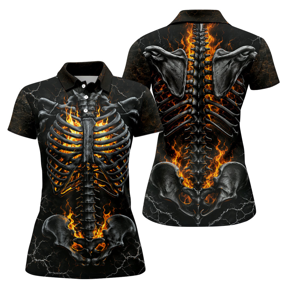 Burning Skeleton Rib Cage Halloween Polo Shirt, Womens Golf Tops, Ladies Golf Shirts