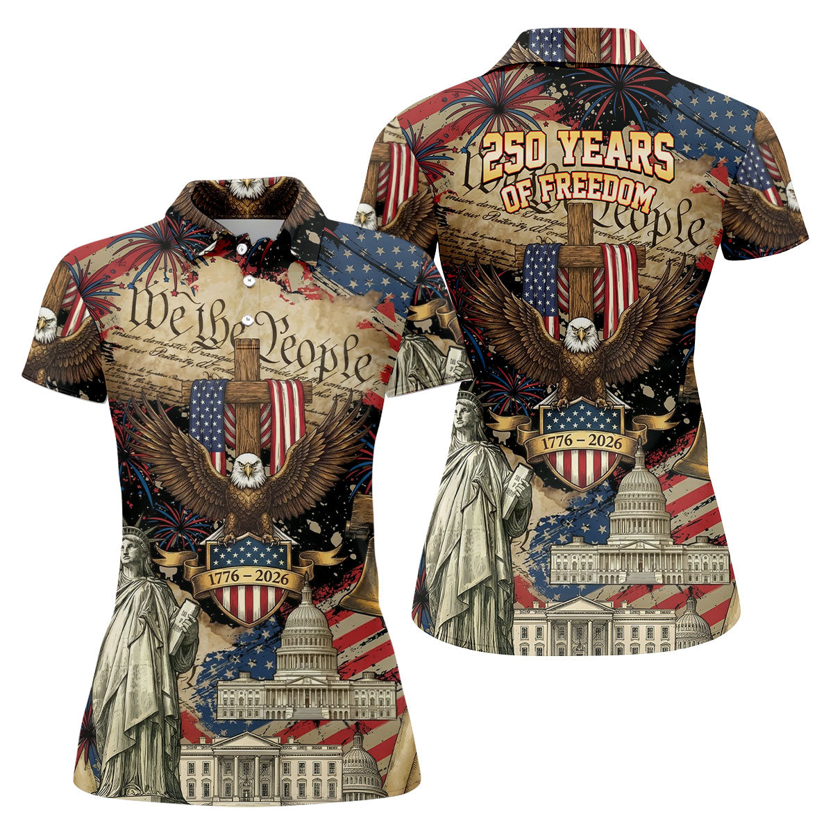 Patriotic Eagle Statue Of Liberty We The People 250 Years Ladies Golf Tops, 4th Of July Golf Shirt For Women