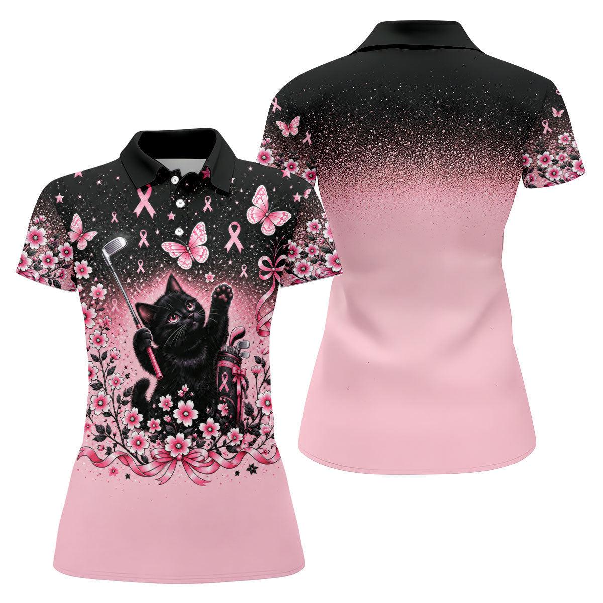Black Cat Breast Cancer Ribbons Polo Shirt, Womens Golf Tops, Golf Polo For Women