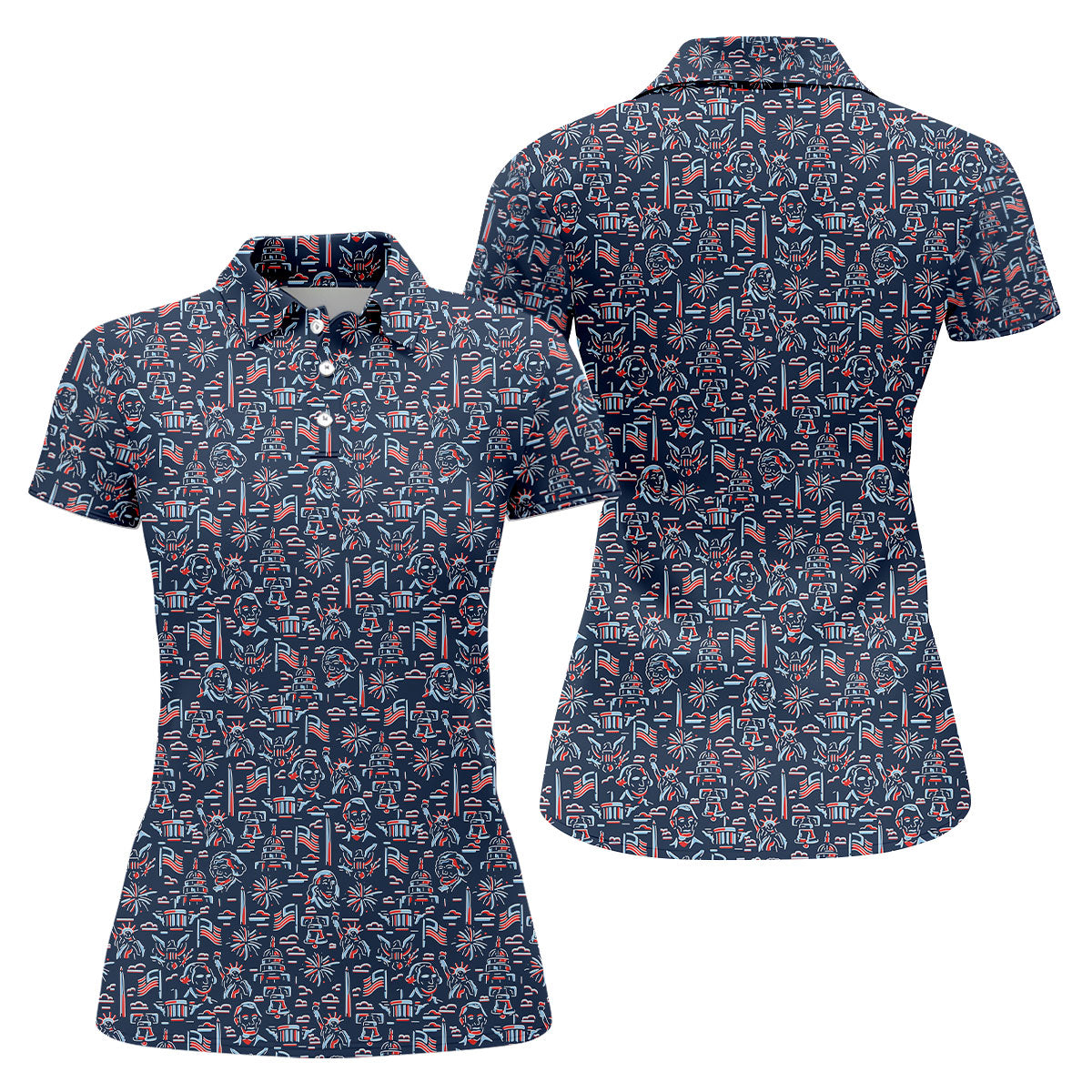 Red White Blue Outlined Patriotic American 250th Anniversary Navy Golf Shirt, 4th Of July Golf Shirt For Women