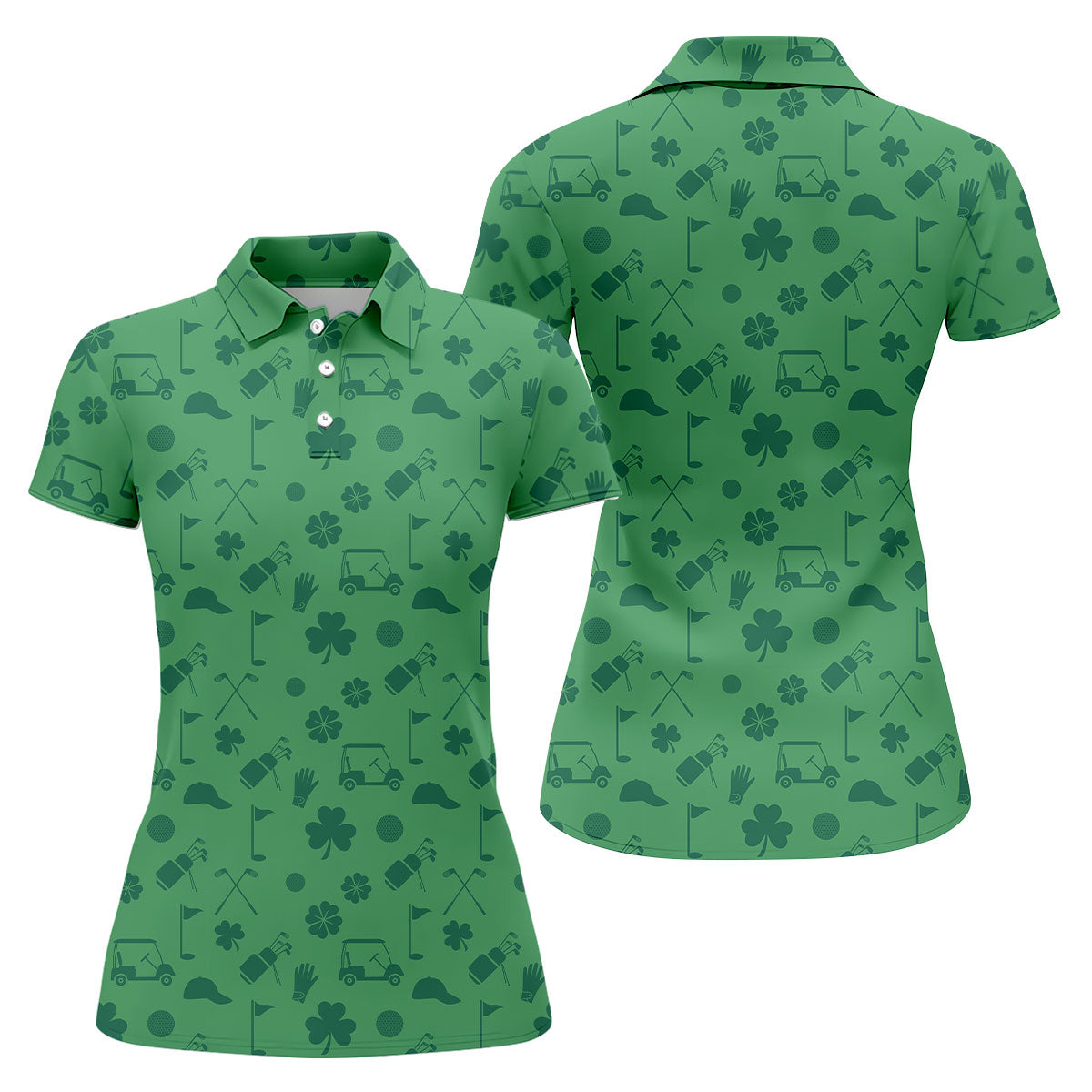 Dark Green Golf Items Seamless Pattern St. Patrick’s Day Shamrock Golf Shirt, Women's Golf Tops, Ladies Golf Polos