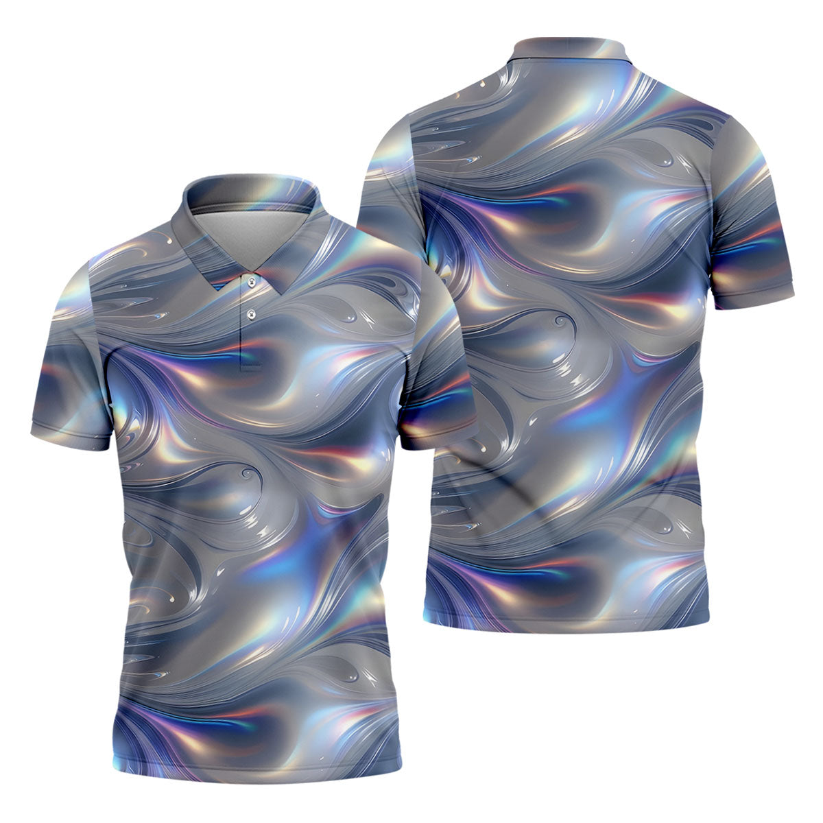 Silver Marble Golf Shirt, Futuristic Holographic Wave Pattern, Golf Shirt For Men