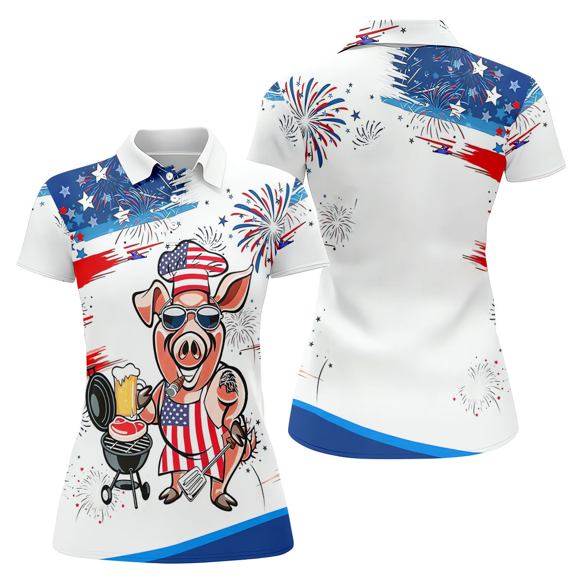 Patriotic American Flag Funny BBQ 250th Anniversary Women's Polo Shirt, Ladies Golf Shirts