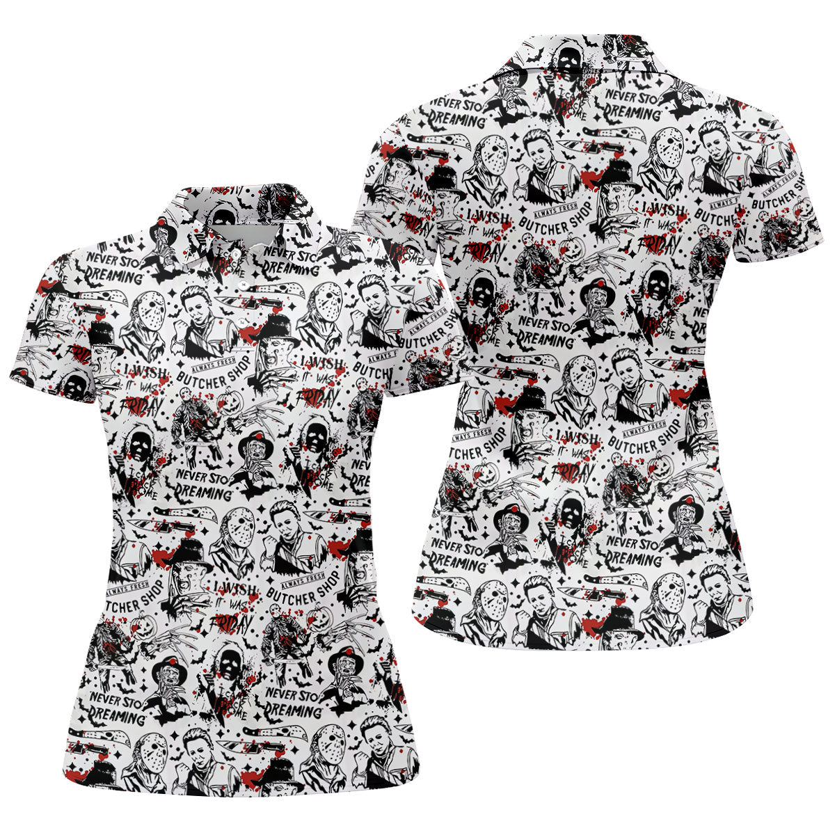 Classic Horror Character Collage Halloween Polo Shirt, Ladies Golf Shirt, Womens Golf Tops