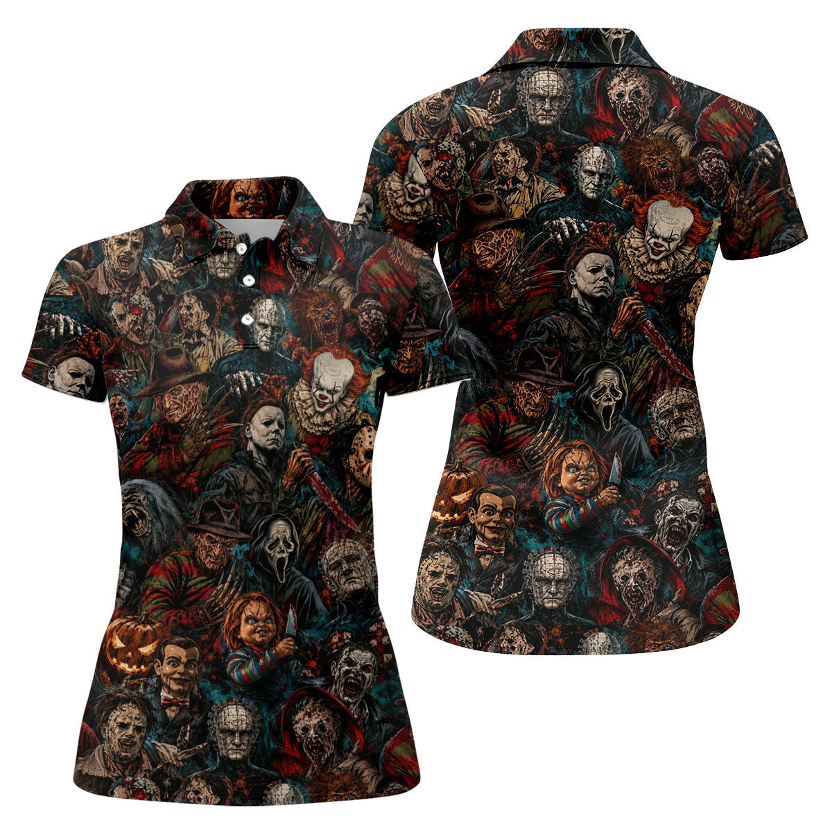 Dark Horror Character Collage Halloween Polo Shirt, Women’s Golf Polo, Ladies Golf Top