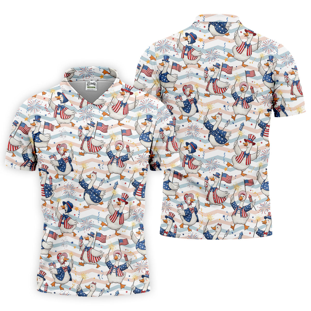 Patriotic Duck American Flag Fireworks Polo Shirt, Mens Golf Polo, Golf Shirts For Men