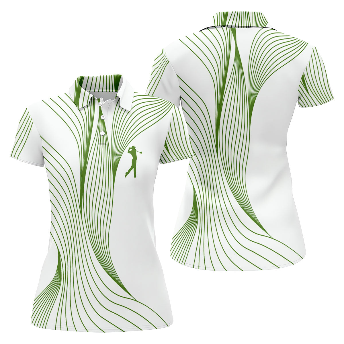 Geometric Line Wavy Line Green And White Women's Golf Tops, Ladies Golf Shirts, Women's Polo Shirt