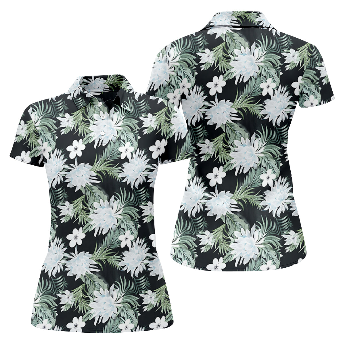 White Flower Tropical Hawaiian Vibe Women's Golf Shirts, Women's Golf Tops, Ladies Golf Shirts