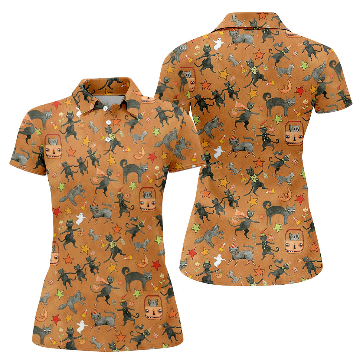 Vintage Black Cat Halloween Pattern Polo Shirt, Golf Shirts For Women, Womens Golf Tops