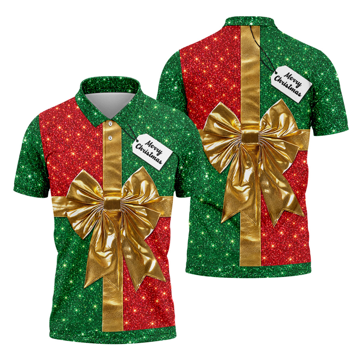 Merry Christmas Golden Gift Bow Golf Polo Shirt, Mens Golf Shirts, Polo Shirts For Men