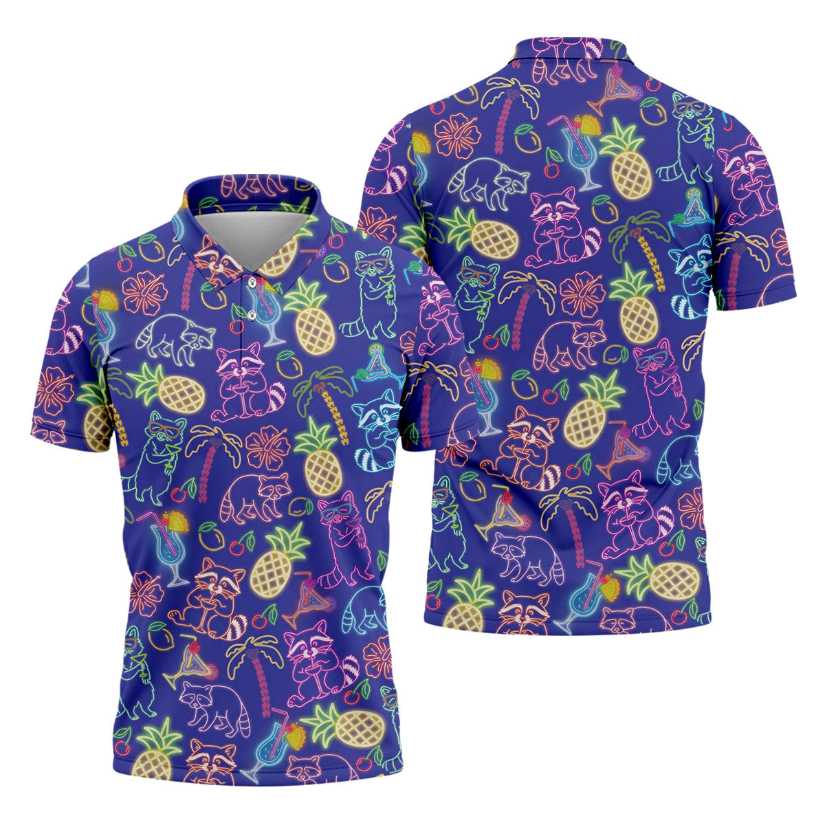 Neon Tropical Raccoon Cocktail Pattern Hawaiian Golf Shirt, Men's Golf Shirt, Polo Shirts For Men