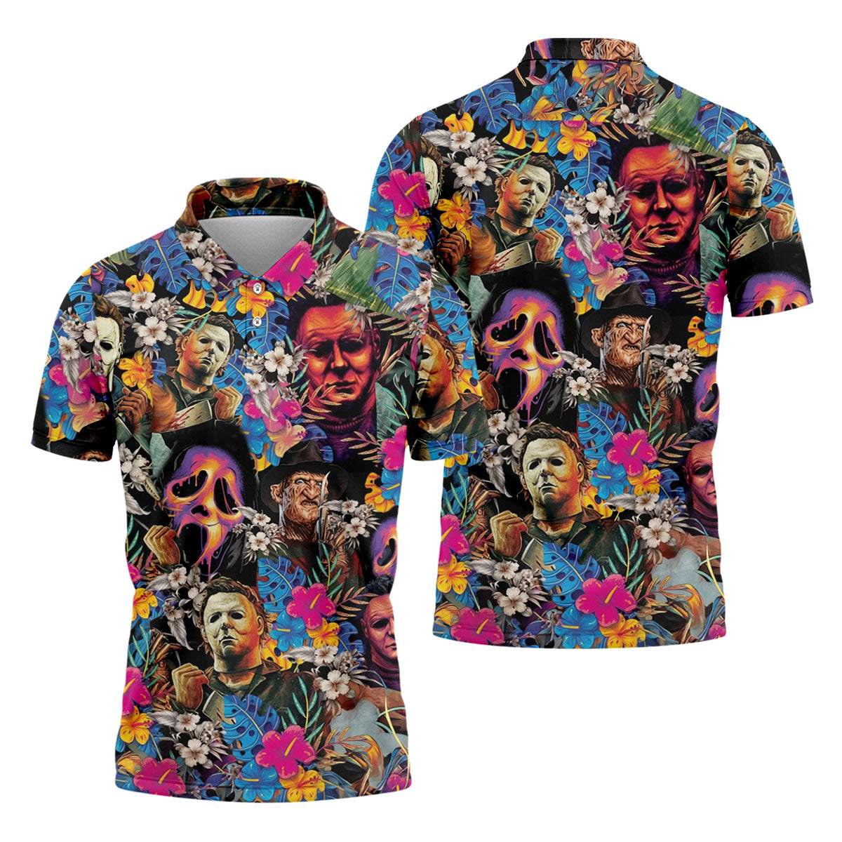 Tropical Horror Character Hawaiian Golf Shirt, Mens Golf Polo, Halloween Golf Apparel